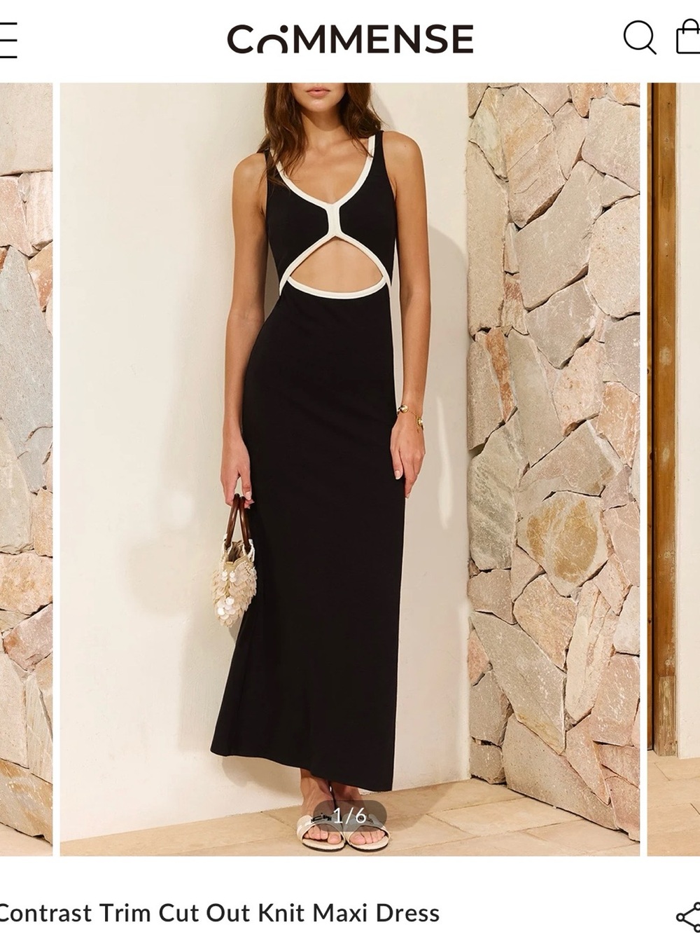 Commense Black Maxi Dress with Cream Contrast Trim and Cutouts